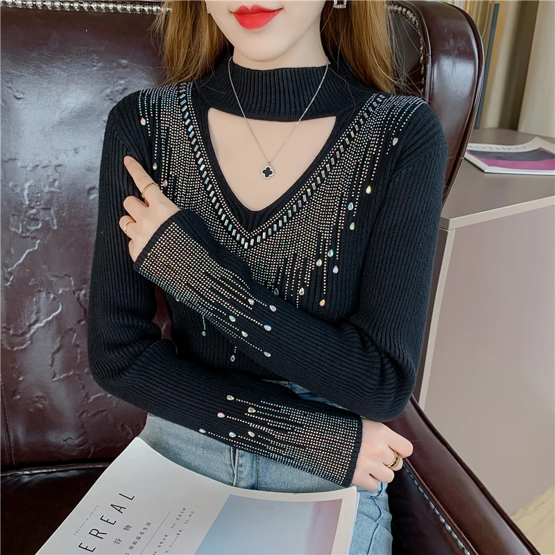 Ladies Hollow Out Nail Bead Pullover Sweater Women Clothing Girls  Autumn Casual Knitwear Female Woman OL Sweaters BPy2656