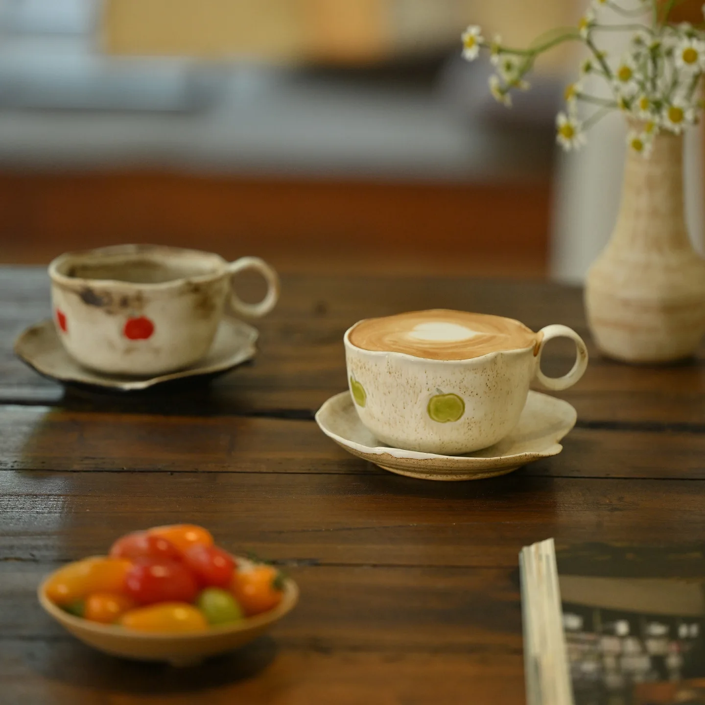 Vintage Handmade Apple Embossed Ceramic Coffee And Saucer Set Sabi Style Latte Cup Afternoon Tea Cup