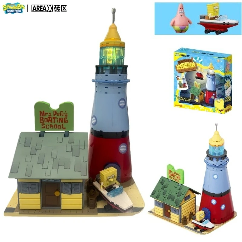 مكعبات بناء جديدة من AREAX SpongeBob SquarePants Chum Bucket Street Scene Mrs. مدرسة القوارب المنتفخة ‌   لعبة زينة نموذج البناء