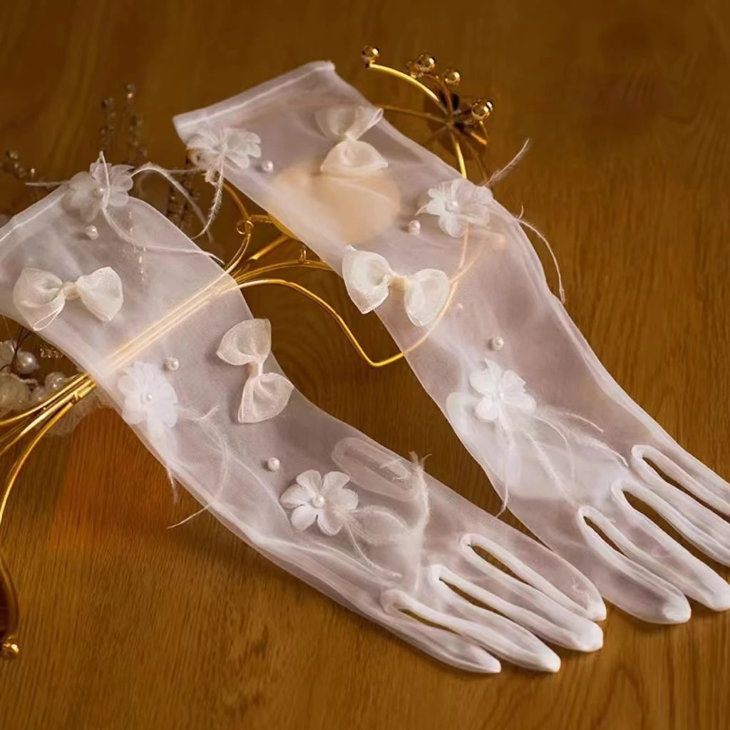 

Mesh Bride Wedding Gloves Beautiful Bowknot Feather See-through Decor Gloves Photography Accessories