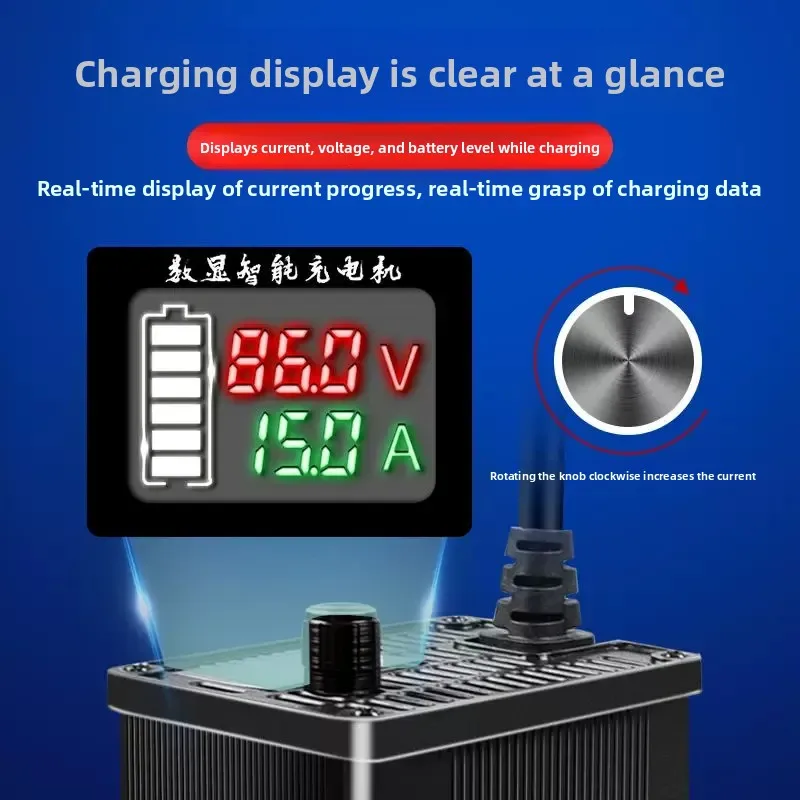 For Digital Display Aluminum Shell Adjustable Lithium Battery Charger 48V 60V 72V 71.4V 2A-15A Polymer Iron Lithium Fast