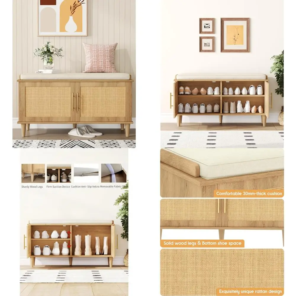 

Скамья для хранения обуви из ротанга с подушкой, скамейка в прихожей, 15 x 39,4 x 20, деревянный органайзер для обуви