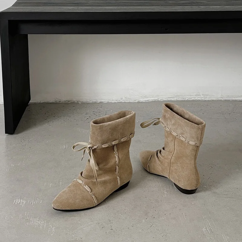 النساء حذاء من الجلد كعب مربع أحذية الشتاء Cowsuede ربيع الخريف الأحذية العصرية الانزلاق على الجلد الحقيقي المشمش الأحذية جولة تو #3