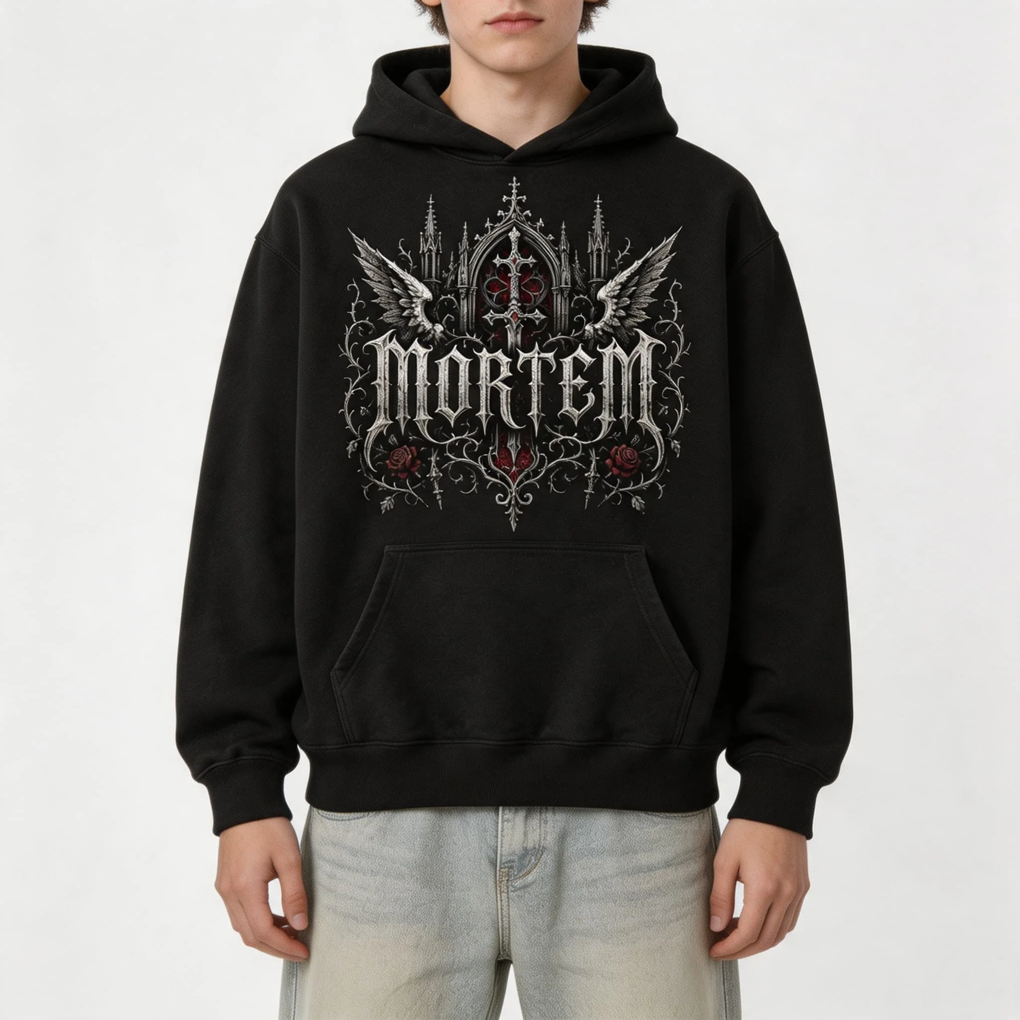 Autumn Winter Casual Gothic Mortem Wing Cross Print Men hooded sweatshirt Women Boys coat Top Parent Child Kid 's Cotton Hoodie