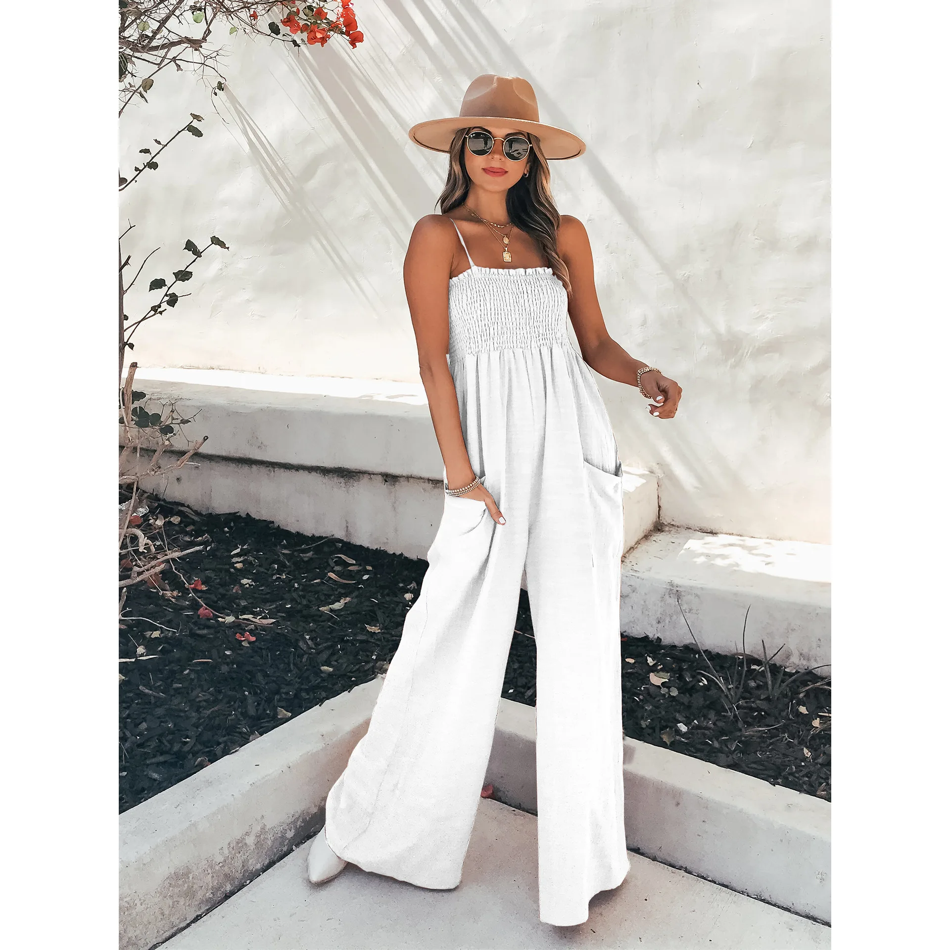 Women Spring Summer Jumpsuit Solid Color Sleeveless Wide Leg Pants High Waist Casual Fashion Sexy Comfortable Regular Standard