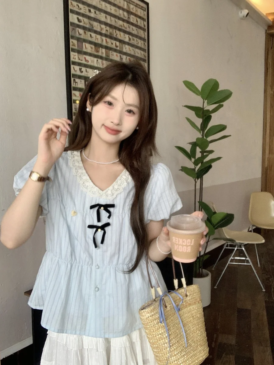 

Новая женская летняя блузка Sweet Lace Bubble Sleeve из полиэстера с V-образным вырезом, повседневная, больших размеров, для работы и отдыха