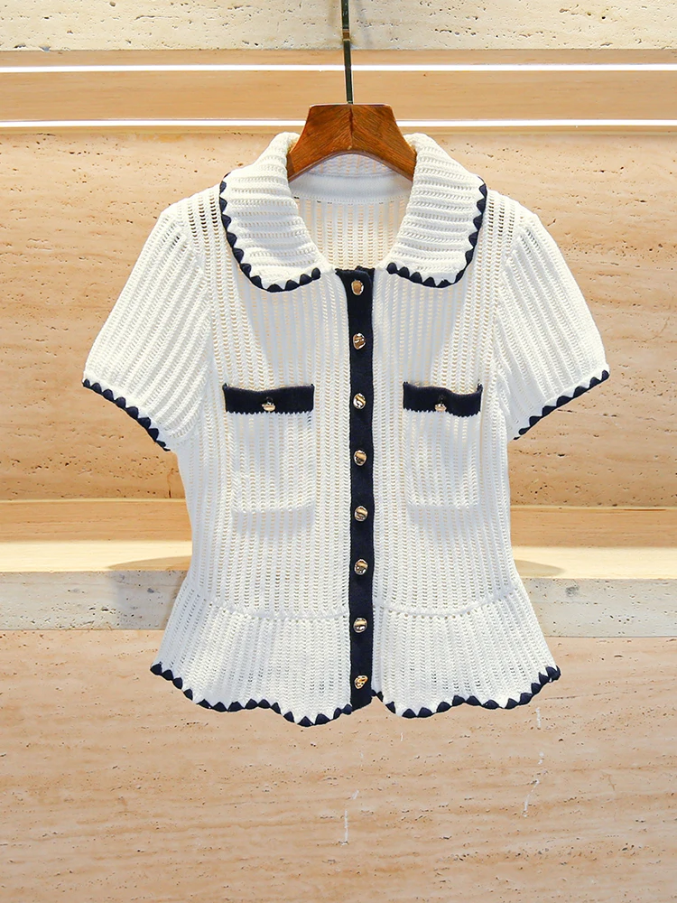 

High-End Autumn Knitted Top with Hollow out Collar Color Blo Design And Small Fraance Sle for Women