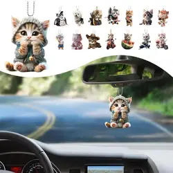 2D Car Pendant Hanging Ornament With Chain Realistic Animal Cat-Shaped Rearview Mirror Hanging Ornament Car Interior Decor Craf