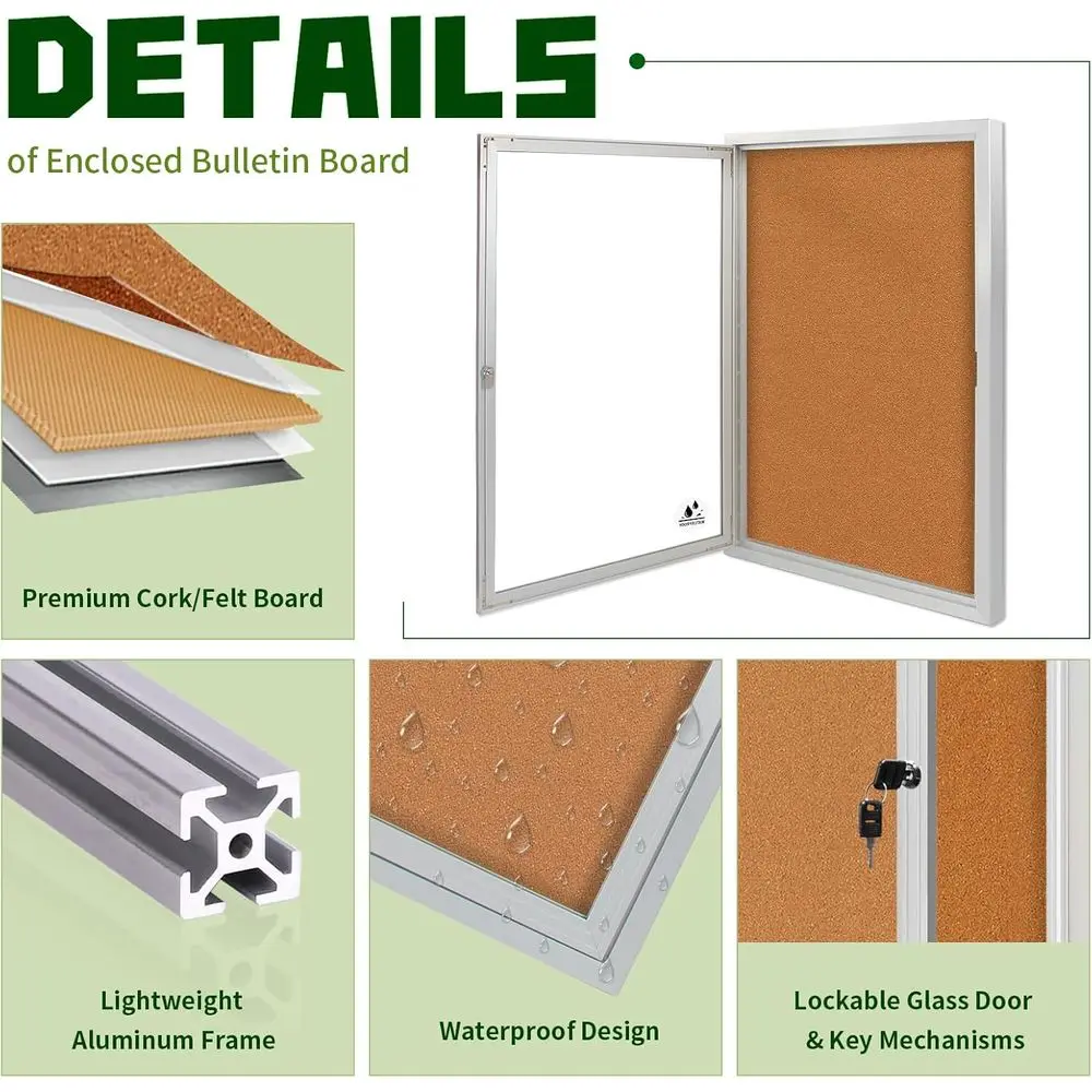Quadro de Avisos à Prova de Intempéries com Fechadura, Display em Alumínio 36x24 polegadas, 5 Slots para Mensagens A4