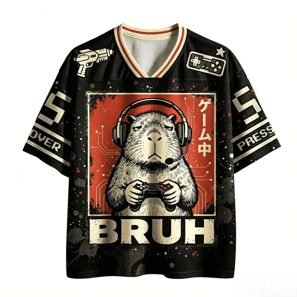 New Gamer Capybara Graphic Printed Mesh Breathable T‑shirt Y2K V‑Neck Short Sleeve Loose Casual Fashion Tees for Family Matching