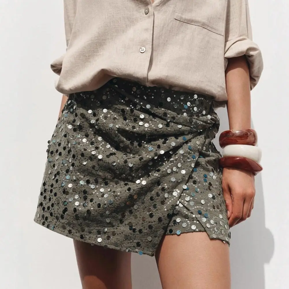 

Women's Elegant Sequins Mini Skirt with Cross Front Twist Detail Side Slit Hidden Zipper Closure Nightclub Short Skirt Clothing