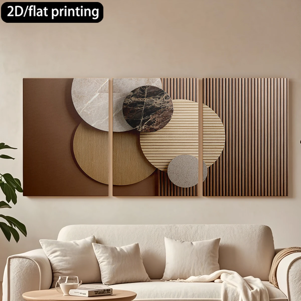 

2D плоская печать, 3-х частная декоративная картина на холсте в деревянной раме, круглые образцы, мраморные текстуры. Декор для коридора и спальни.