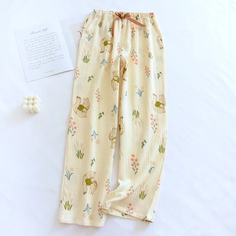 2024 Summer New Women\'s Pajama Pants 100% Cotton Crepe Flower Pants Air Conditioned Pants Thin Large Comfortable Home Pants