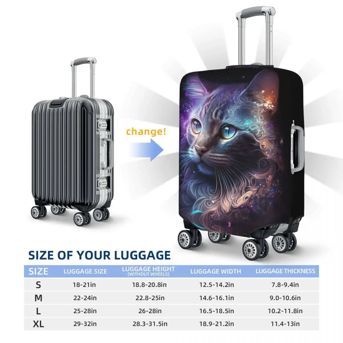 Psychedelic Cat Suitcase Cover sparkles light Elastic Cruise Trip Protector Luggage Supplies Vacation