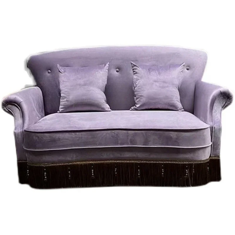 

French retro velvet three-person sofa small apartment purple living room American buckle fabric sofa