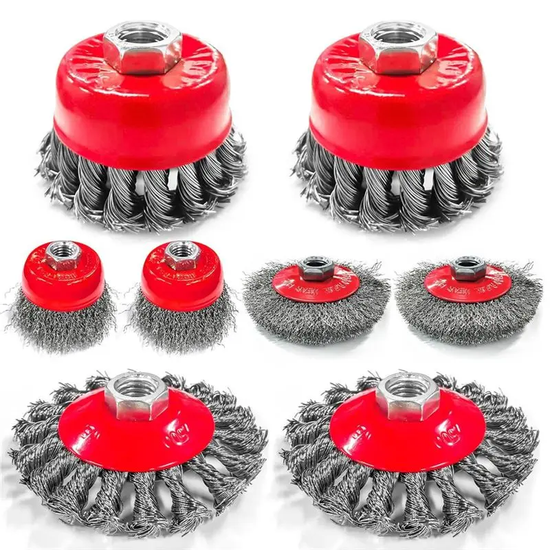 

ABKW-Wire Wheel Set 4" & 3" Knotted Coarse Crimped Cup Brushes With 5/8-11 Threaded Arbor For Rust