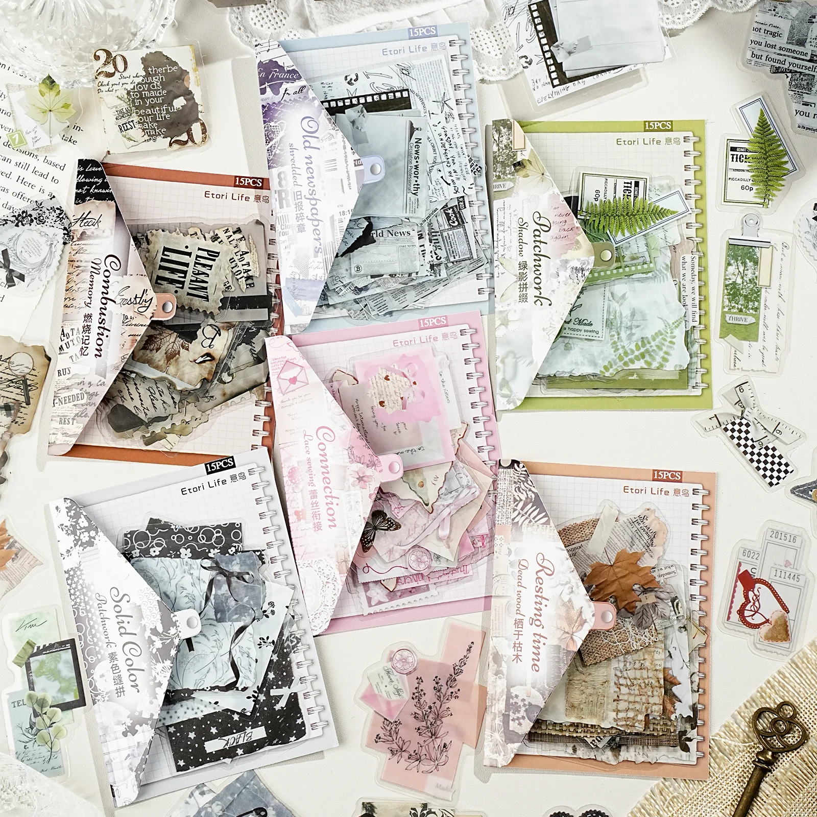 

Etori Life Fragmented Shadow Ensemble Series 15Pcs Vintage Art Collage Pet Stickers Old Newspaper Lace Plant Withered Wood Burn Marks Fabric Art Journal Decoration Materials for Laptops, Phone Stickers, Office Decoration Accessories, Handmade Scrapbooking