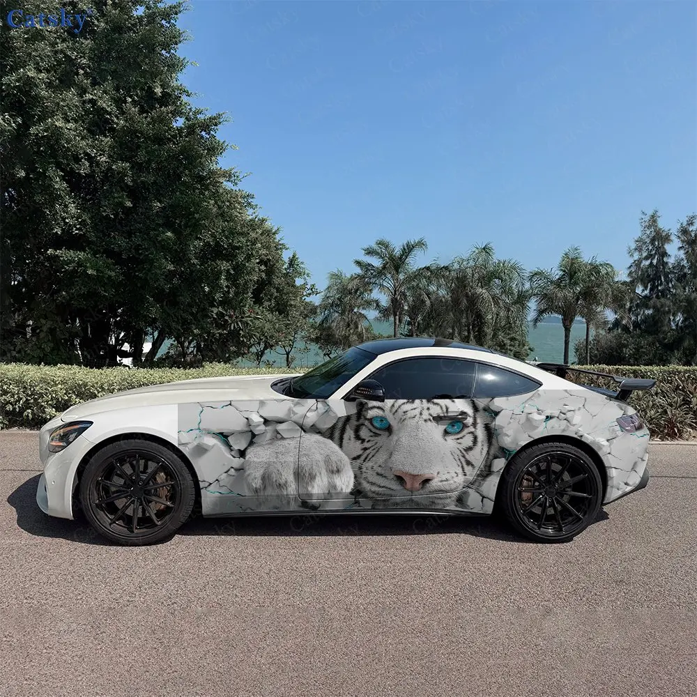 2pcs Crack Breaking Wall Tiger Car Side Wraps, Self-Adhesive PVC Waterproof & Scratch-Resistant Stickers, Car Accessory Gift