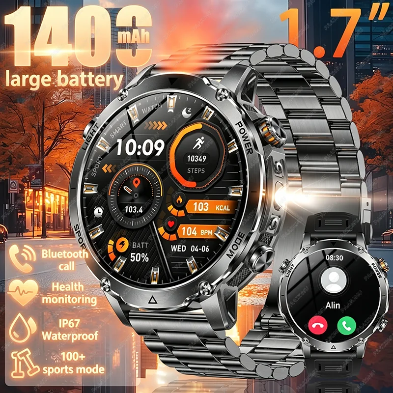 

2026 New 1.7”HD round screen Men's Smart Watch,1400mAh Large-capacity Battery ，Bluetooth call,LED Flashlight,24h Health monitor