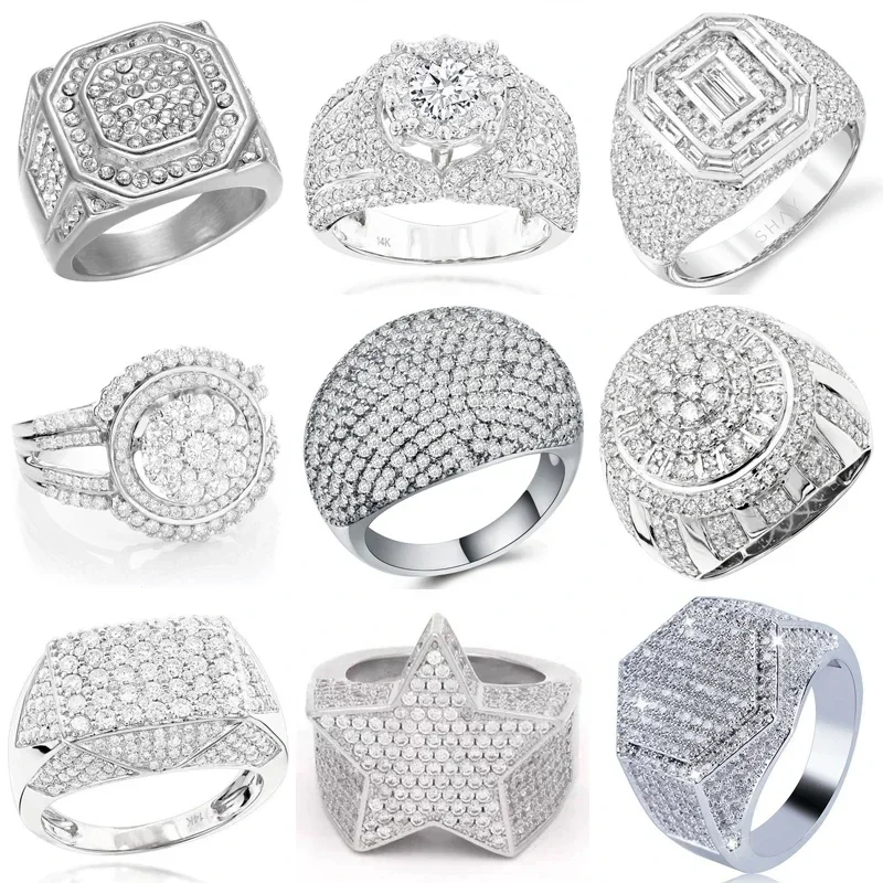 Ofertas Hip Hop Style Trendy Men Rings Copper Ring Iced Out Bling Pave Cubic Zirconia Geometry Ring Charms