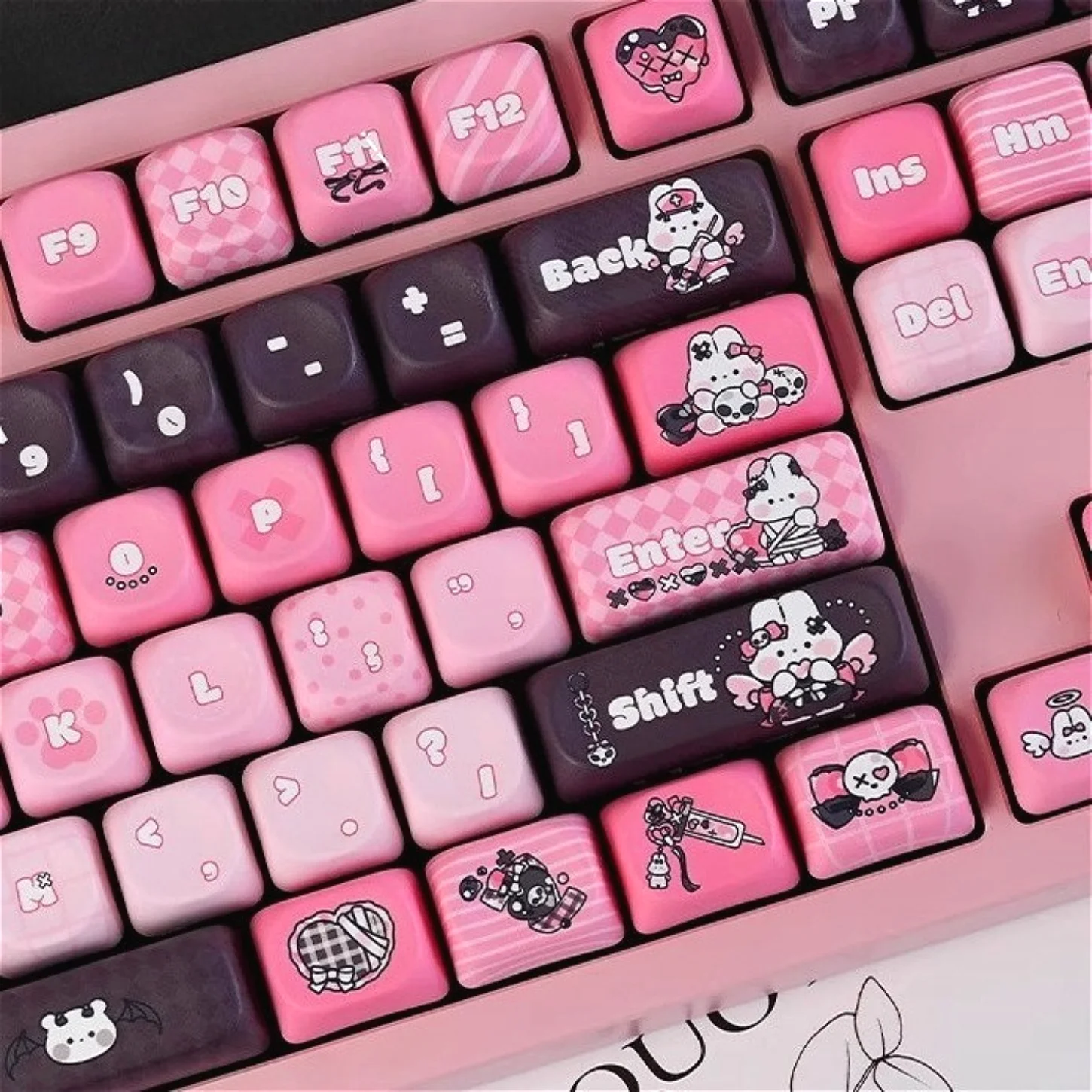 Rabbit Sweetheart MOA Keychain Kit PBT 132 Key Girl Black Pink Keycap Suitable for Wooting Mechanical Keyboard