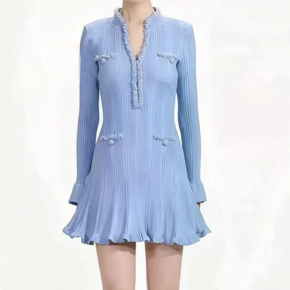 

Ele Blue Long Sve Heavy Beading Slimming Long Dr High-End Version European Sle Faionable Ci Walk Straight Cut