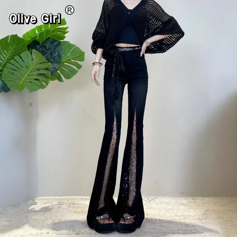 Olivegirl Denim jean bleu dentelle Patchwork Micro jean évasé femmes pantalon été strass mince taille haute pantalon évasé