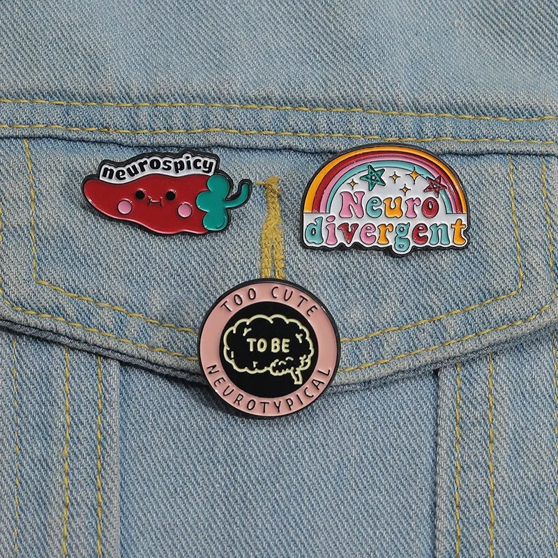 Brain Nerve Cells Enamel Metal Pins Custom TOO CUTE NEUROTYPICAL Brooches Lapel Badges Clothes Funny Jewelry Gift for Friends ﻿
