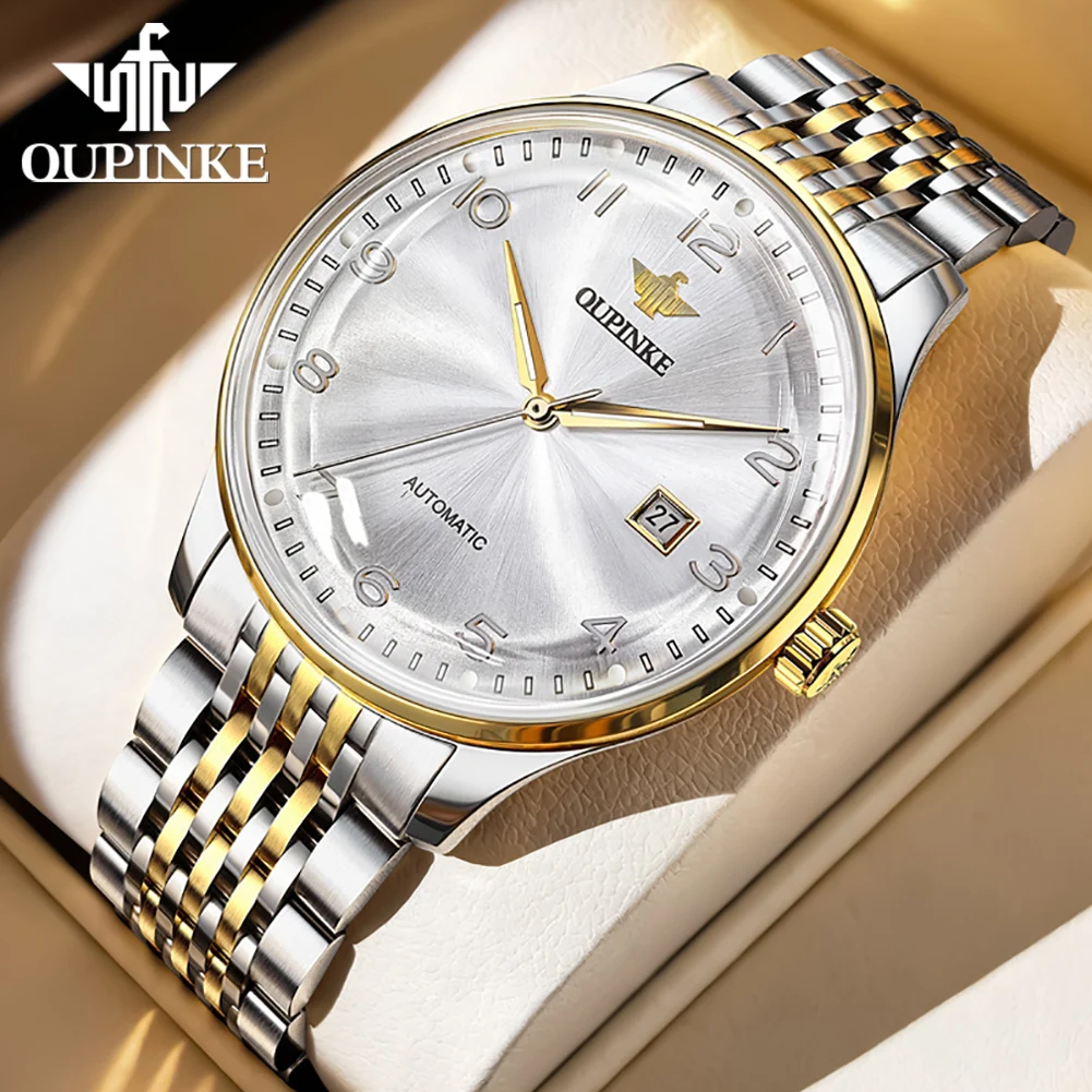 OUPINKE 3319 Imported Mechanical Movement Large-digit Watch For Men Luminous Display 50m Waterproof Calendar Window Watch