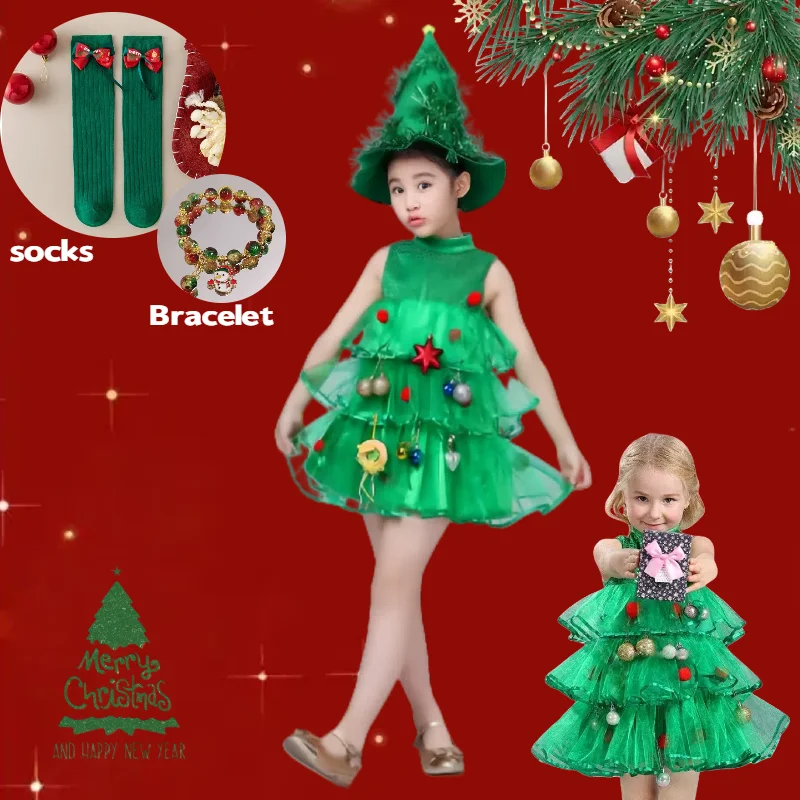 

Kids New Year Christmas Tree Cosplay Costume Green Dress with Hat Socks Bracelet Suit Children Christmas Carnival Party Outfits