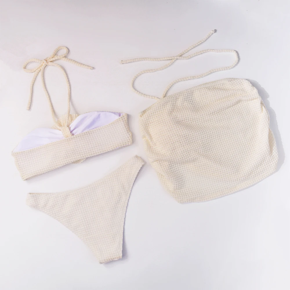 Conjunto de Bikini de tres piezas con flores para mujer, traje de baño Sexy de estilo vendaje liso, ropa de playa, 2025