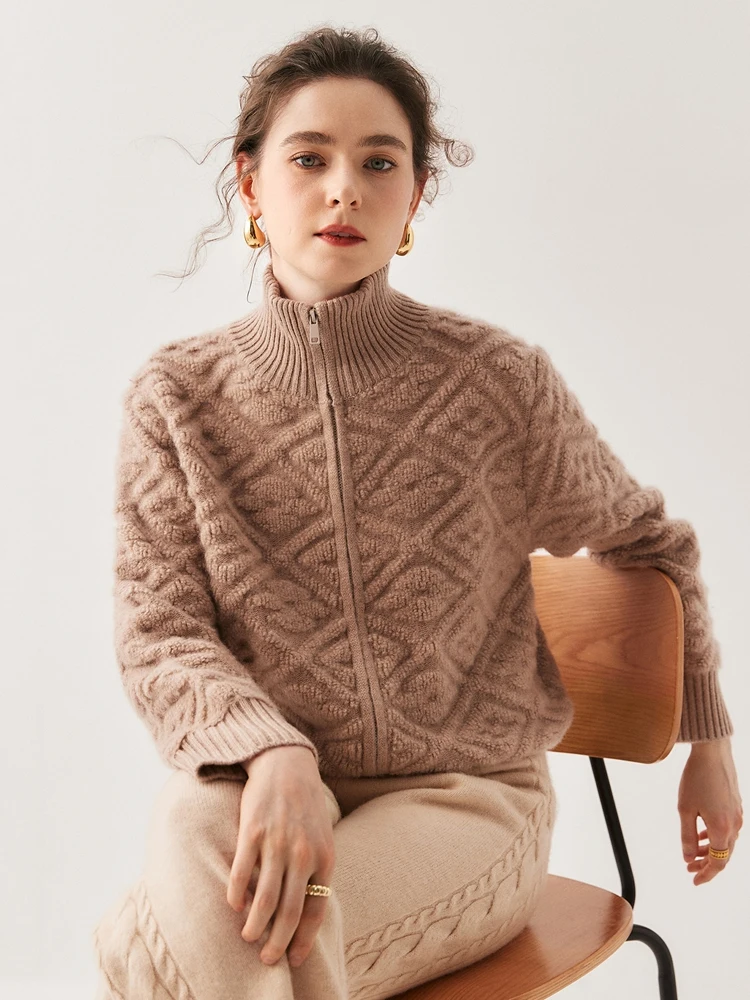 Estilo francês mesmas roupas outono inverno camisola cardigan feminino 100% camisola de caxemira alta pescoço toalha bordado casaco de malha quente