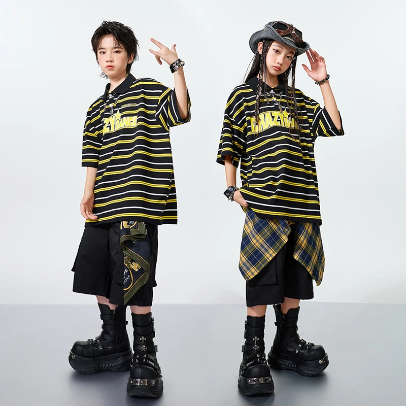 Camiseta a rayas de Hip Hop para niños, pantalones cortos Cargo, ropa de baile callejero para niñas, disfraces de K-pop, conjuntos de ropa, ropa de calle de Jazz para niños