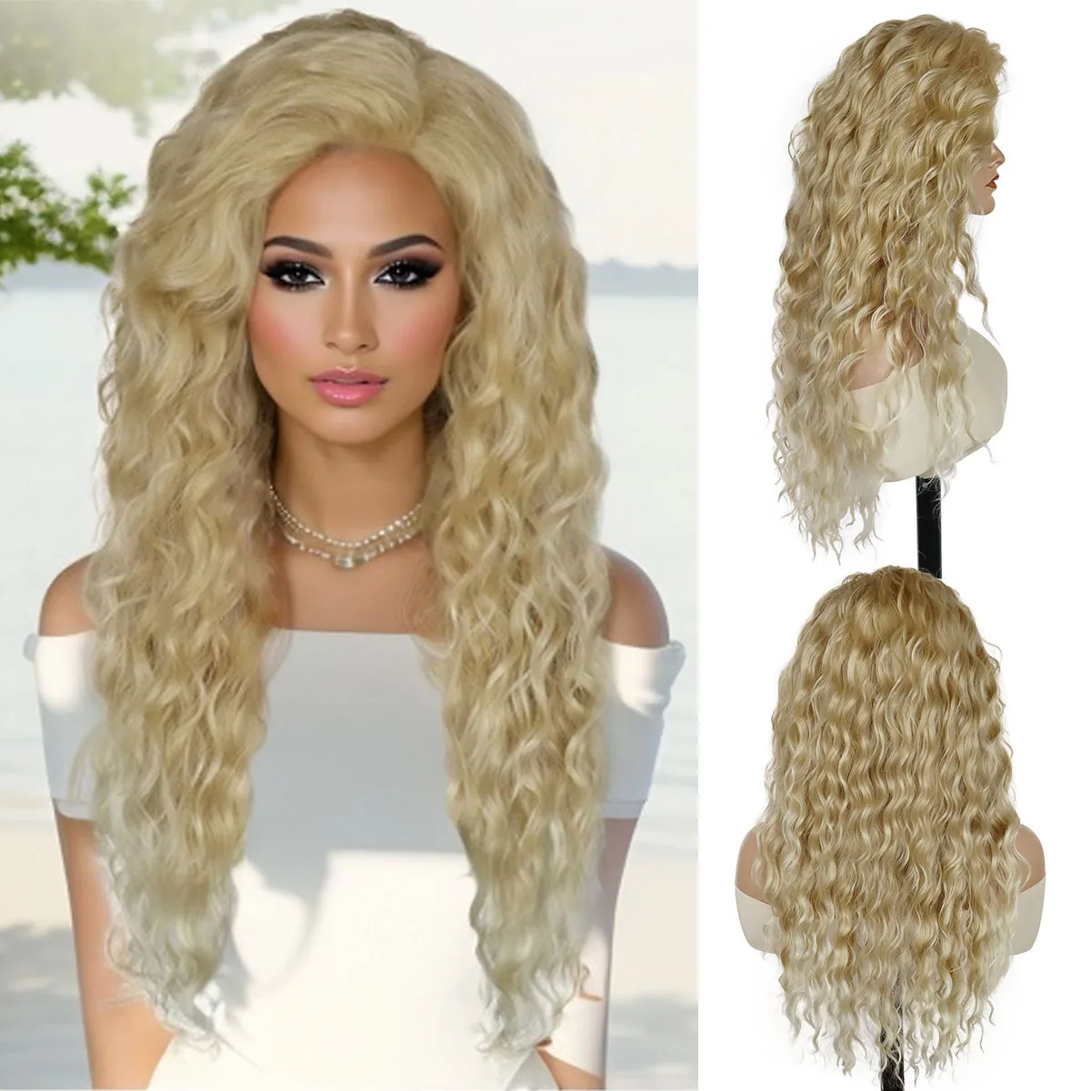 

Blonde Wig Long Curly Hair Synthetic Fiber 28 Inch Water Wavy Curly Wigs Female Natural Hairstyles Daily Use Carnival Party Wigs