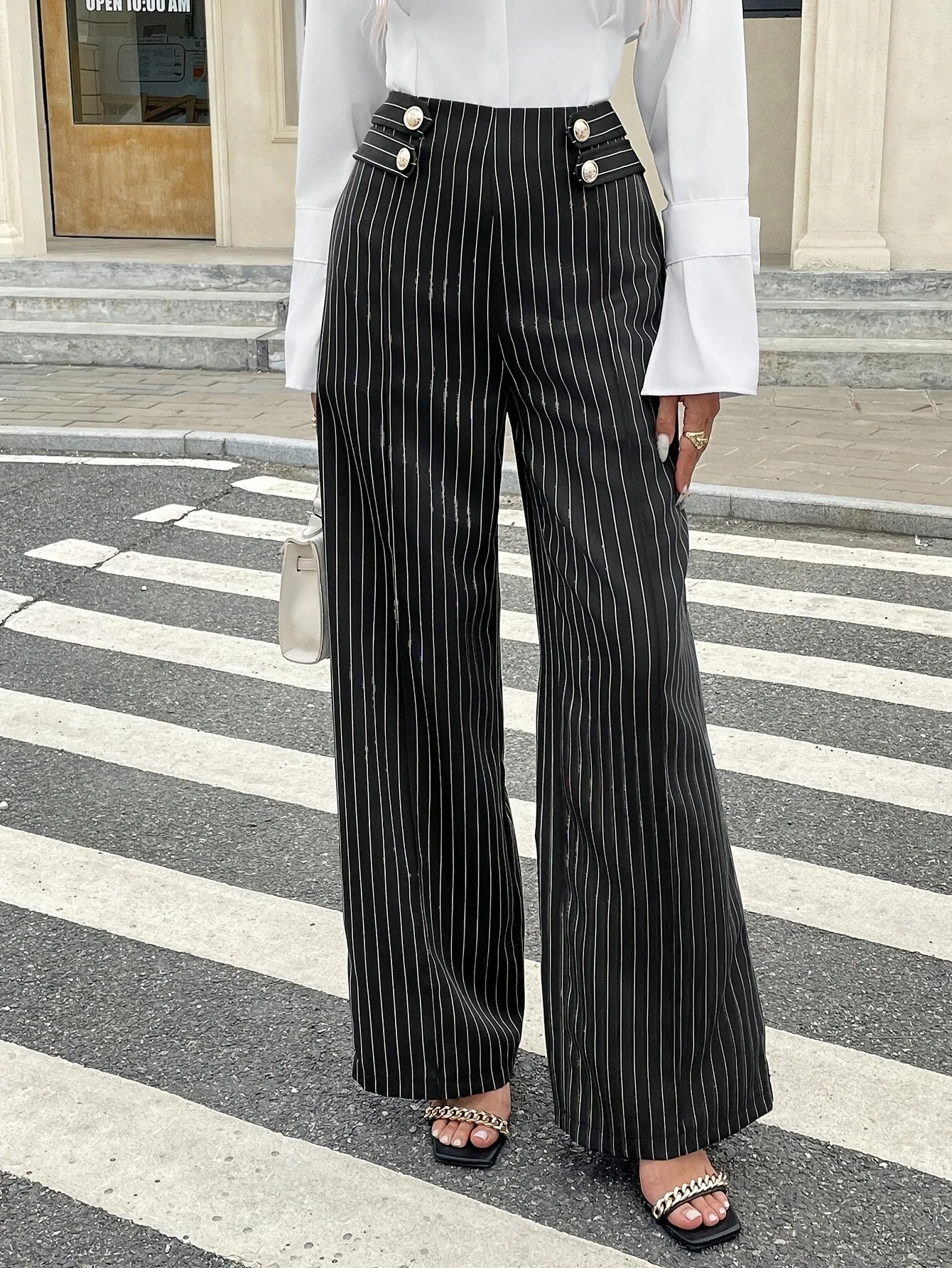 Retro Style Black and White Striped High-Waisted Wide-Leg Pants for Women, Designer Metal Buckle Drapey Suit Pants, Office Casual Slimming Floor-Length Pants