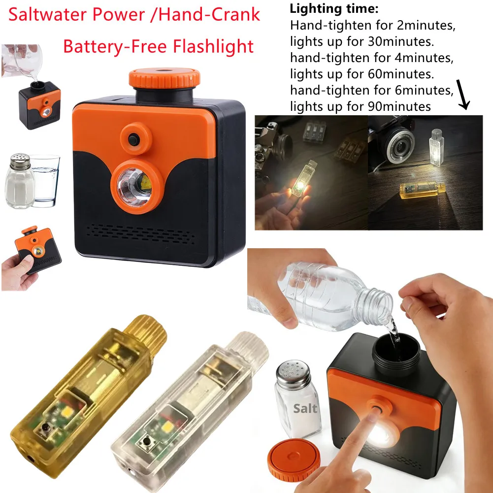 Emergency Saltwater Lamp Battery-Free Hand-Crank Flashlight Self Generating Light Life-saving Flashlight for Outdoor Survival