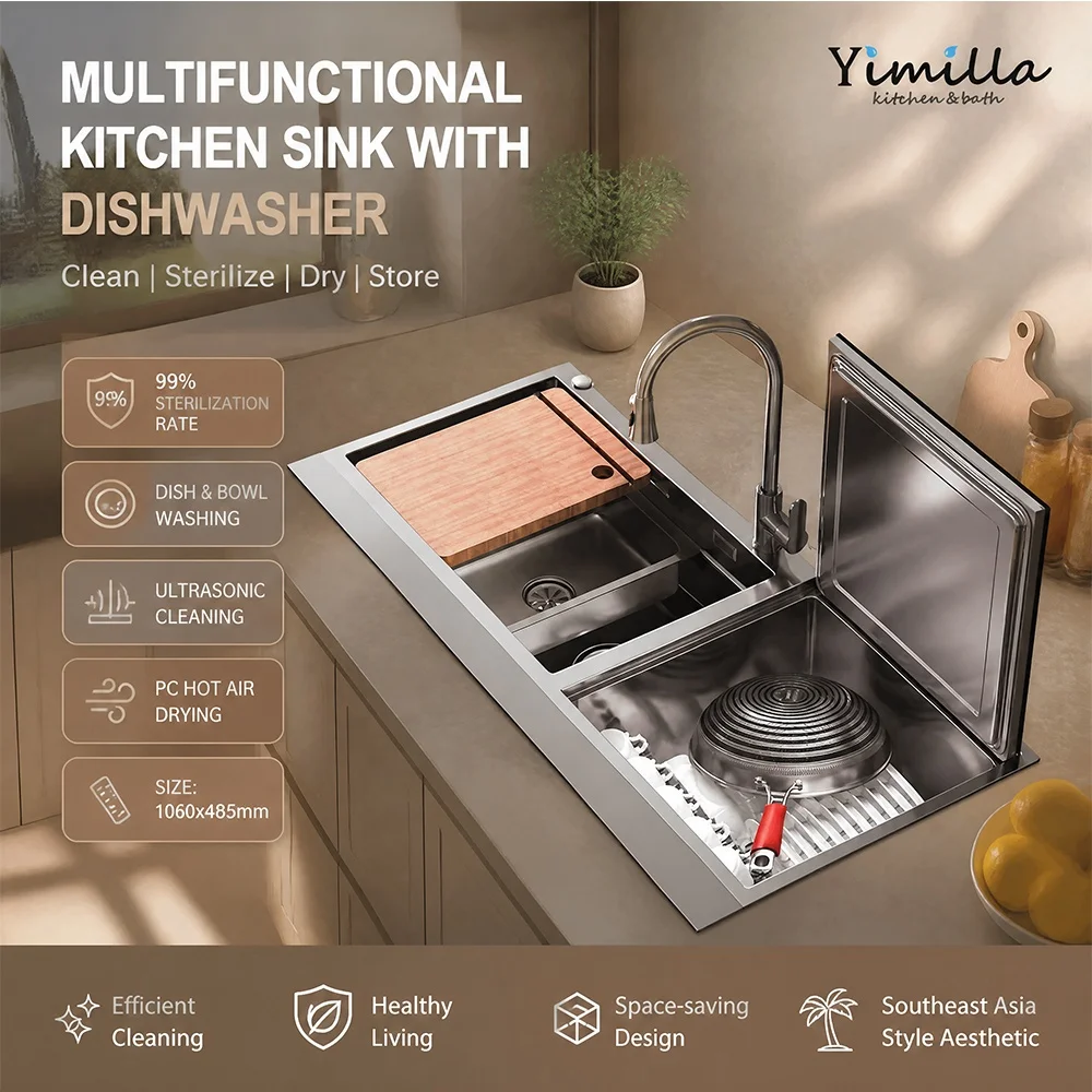 Household Sink Dishwasher Combo, Integrated Ultrasonic Food Purifier, Durable Stainless Steel Kitchen Sink for Cafe & Restaurant