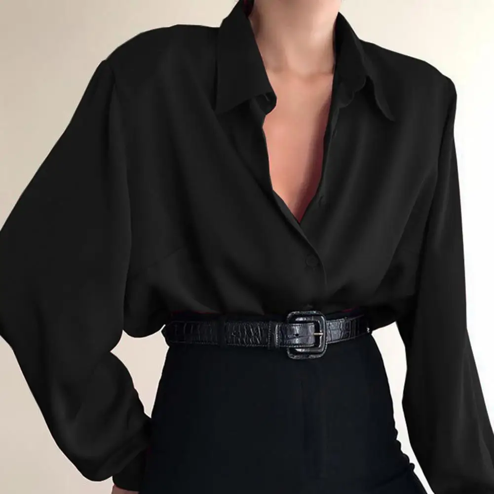 Women Button Blouses Turn Down Collar Shirts Office Lady Long Sleeve Casual Blouse Loose OL Shirt Baggy Tops Red/Wine Red /Black