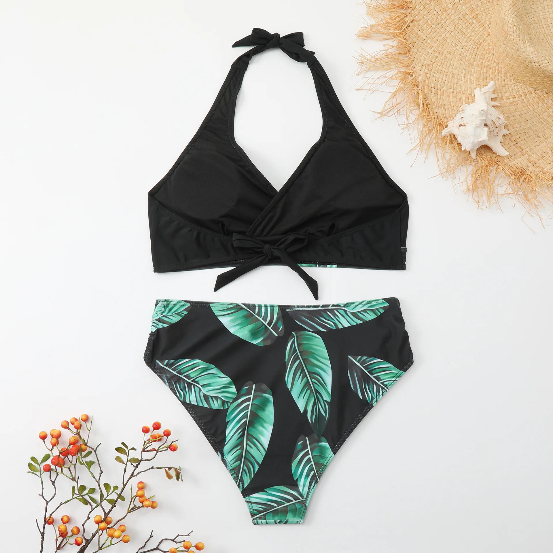 2024 New Summer Leaf Pattern Women Swimsuit Halter Bandage Bikini Set Backless Tie-up Swimwear High Waist Push Up Bathing Suits