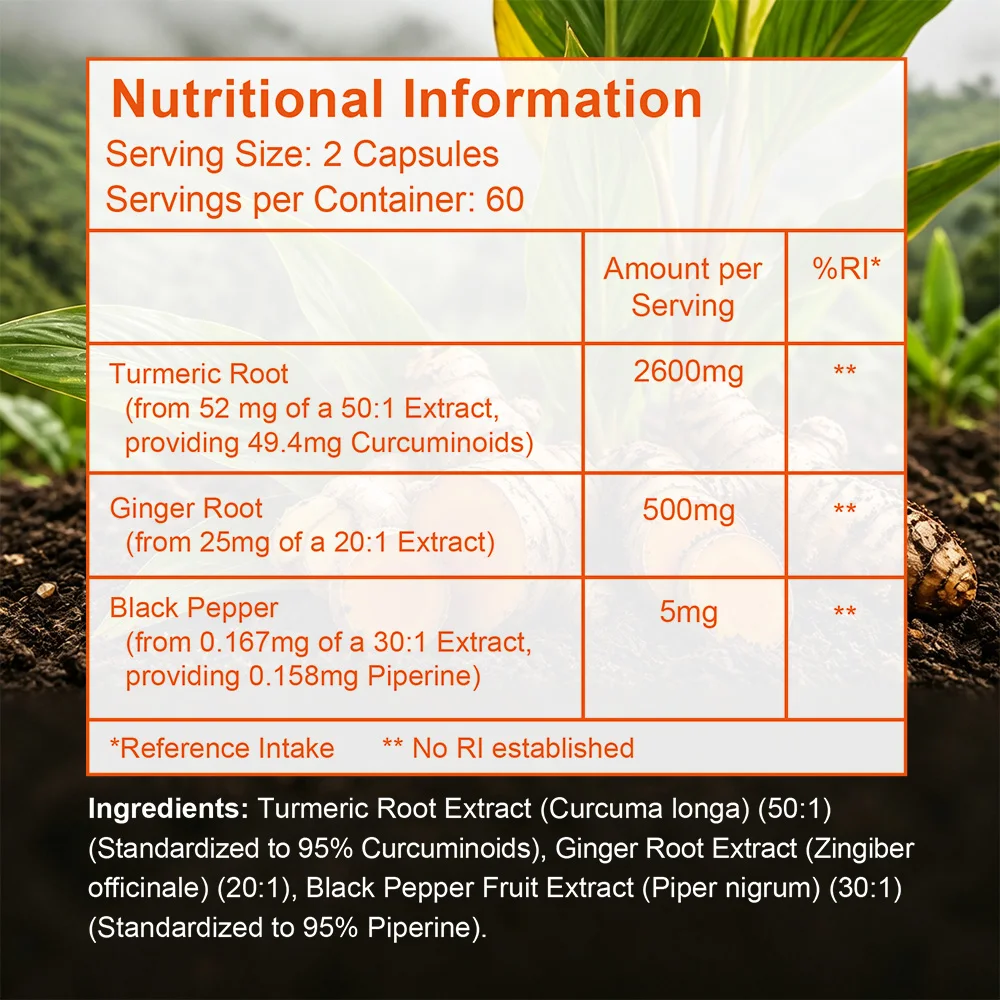 3-in-1 Turmeric Ginger & Pepper 2600 Mg - Contains Ginger Root Curcumin Black Pepper, for Joint, Digestive & Immune Support