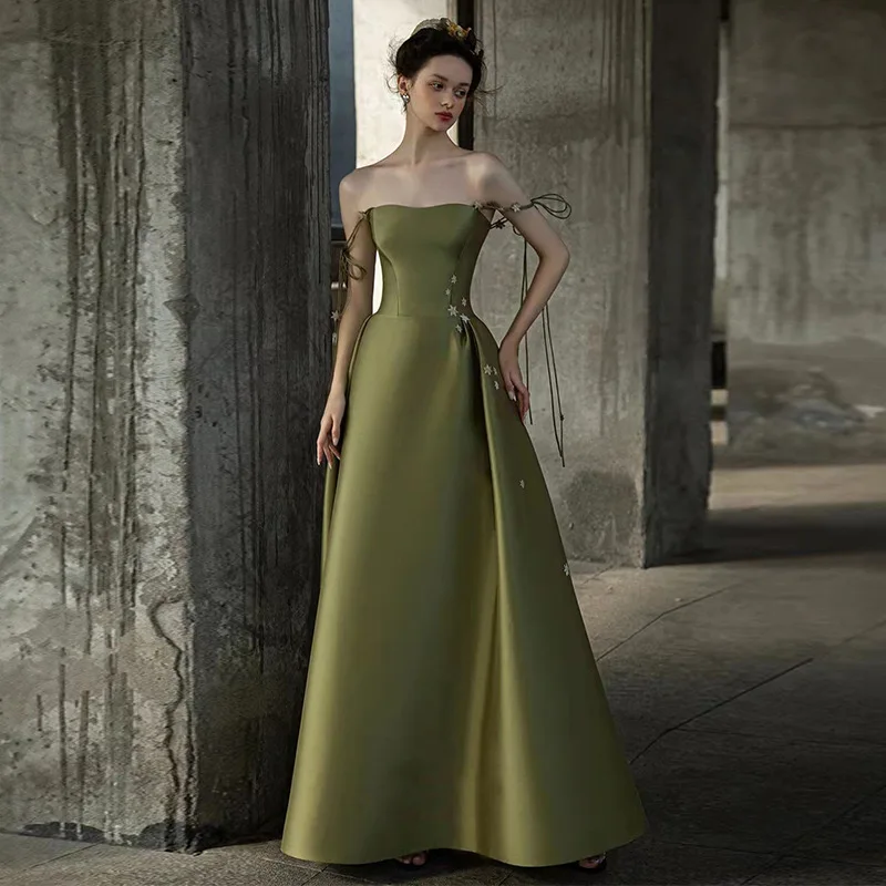 Robe de soirée en satin vert olive pour femme, vintage, bretelles spaghetti, plissé, robe de Rh, robe florale, luxe