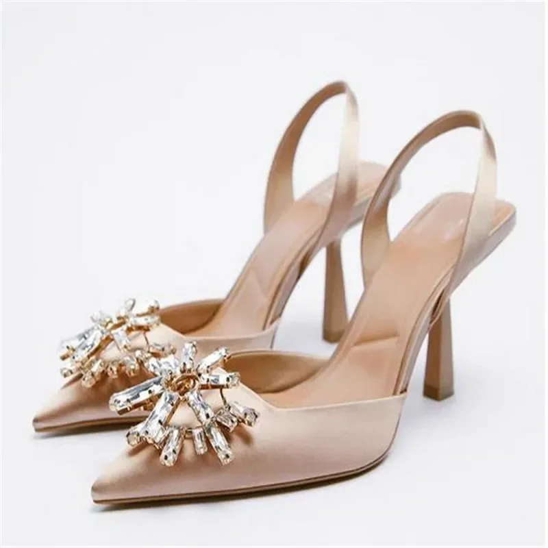 2022 Summer New Rhinestone Single Shoes Women Brethable Fashion Pointed Toe High Heels Sexy Stiletto Muller Sandals Pumps