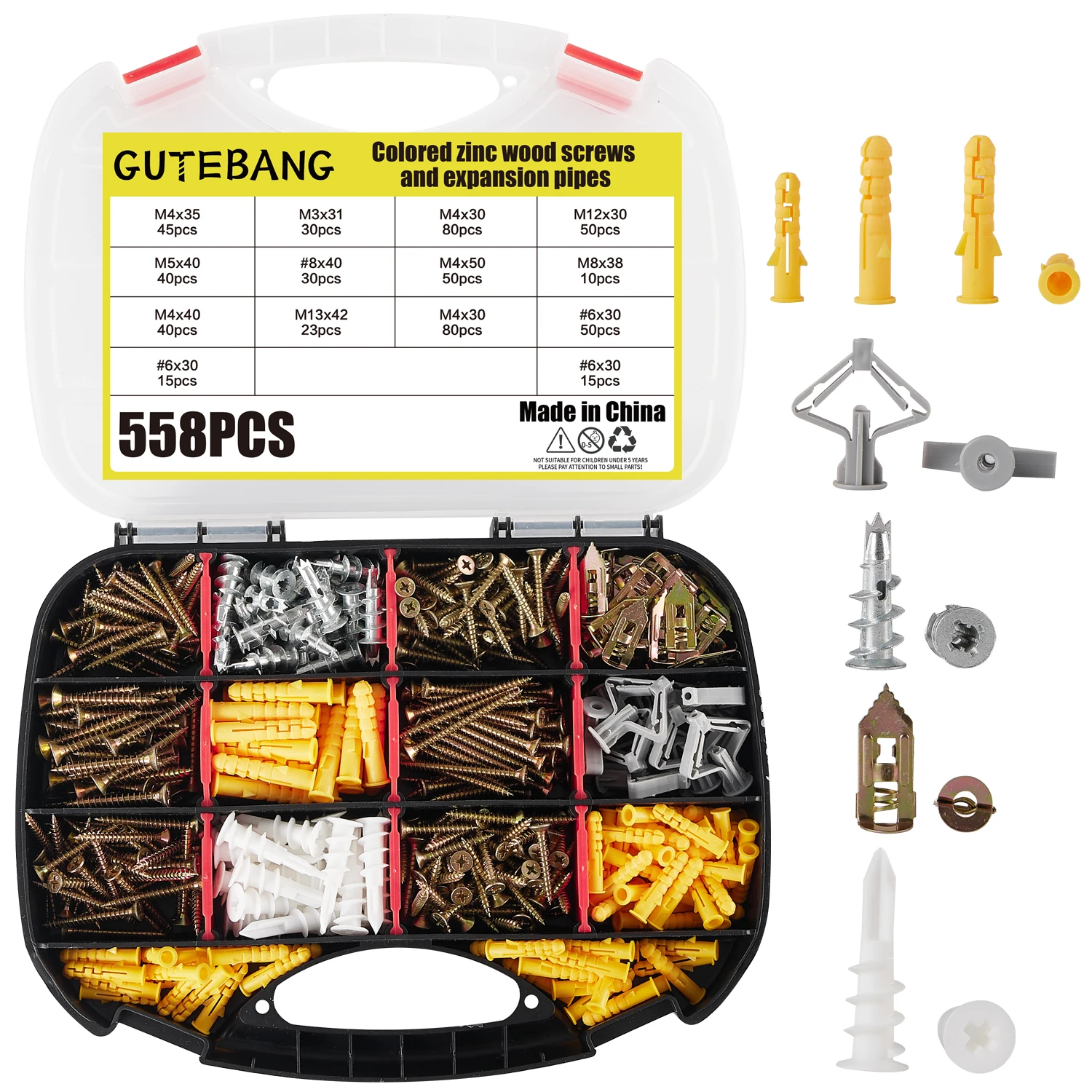 558pcs Drywall Anchors and Screws Assortment Kit 7 sizes wall anchors with flat head screws, picture hanging set for wall art and new home decor