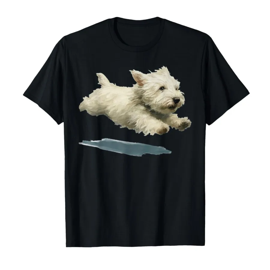 Funny Running Dog Art Print Cute Westie Dog T-shirt For Men Women 100% Cotton T Shirts Short Sleeve Tops