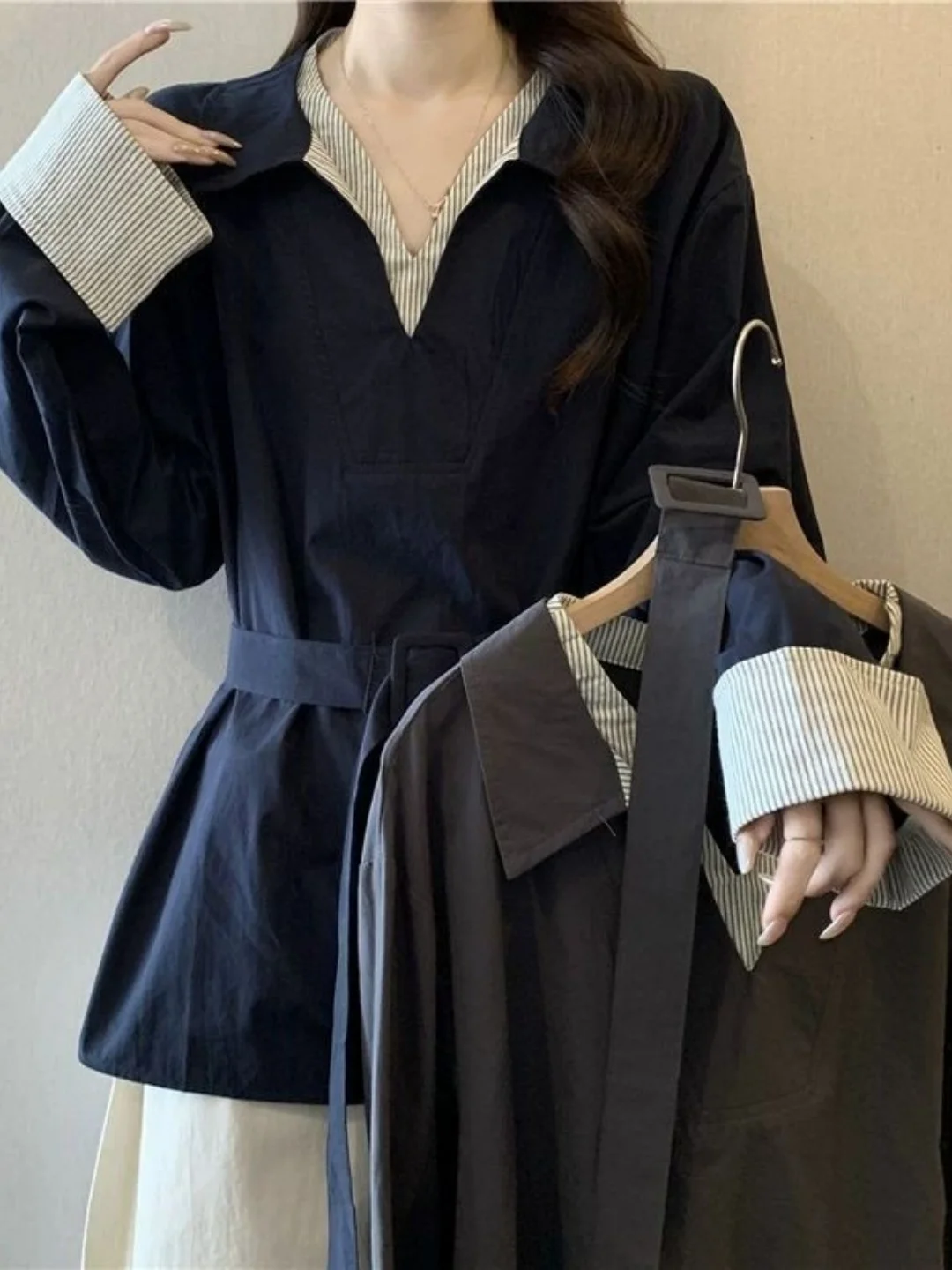 

Korean Sle plus Size V-Ne irt Waist Cinched Belted Long Sve Women's Top Slimming Effect Autumn Winter Faion