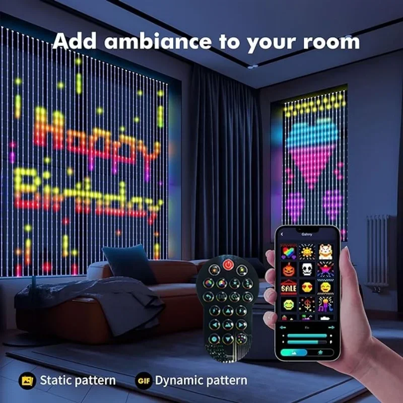 Inteligentna kurtyna świetlna LED Sterowanie aplikacją RGB Możliwość przyciemniania DIY Wzór Muzyka Oświetlenie otoczenia dla domu Holiday Party Dekoracje świąteczne