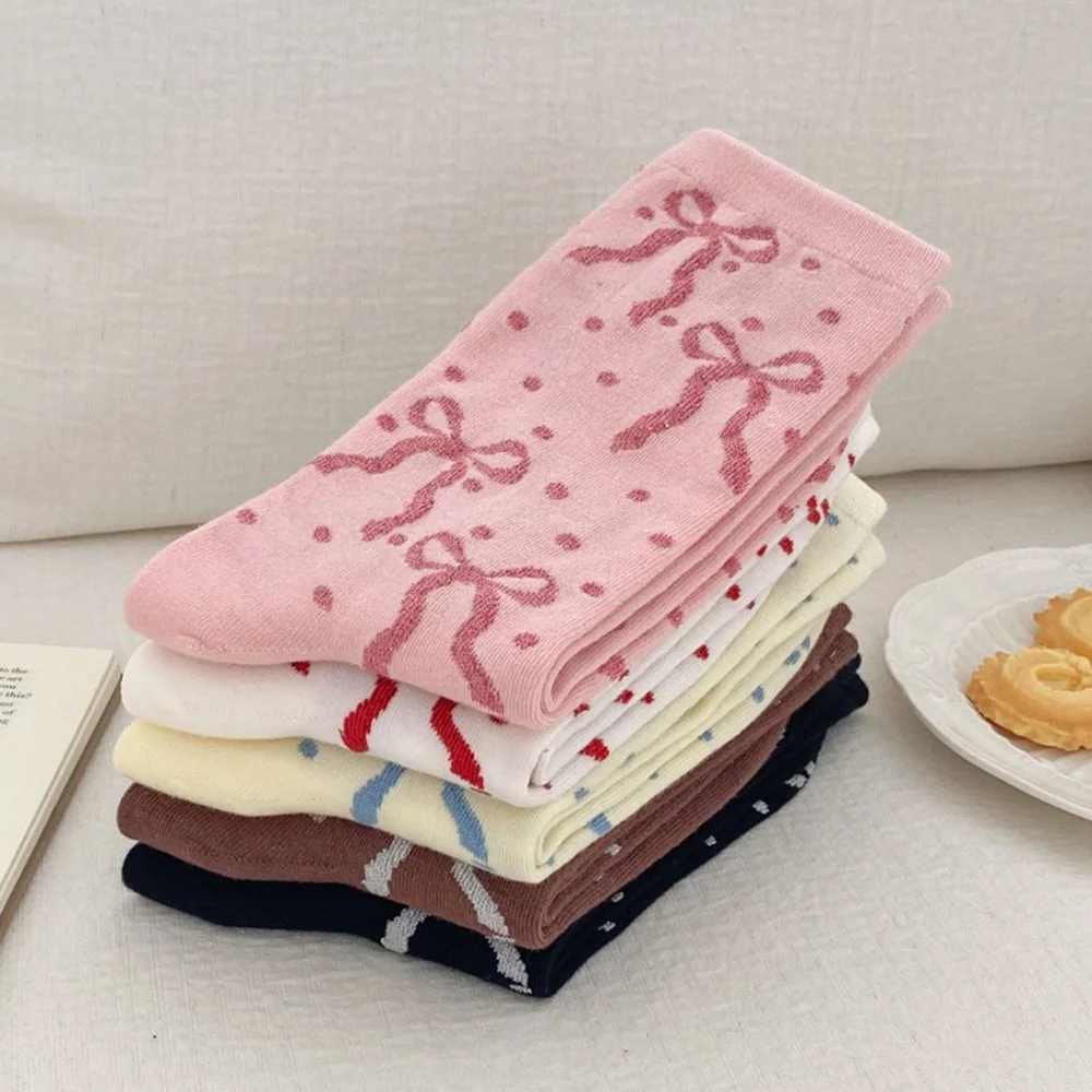 5 Pair Korean Style Women Socks Fashion Long Casual Autumn Winter Cute Round Dot Funny Bow Lady Socks Middle Tube Sokken Vrouwen