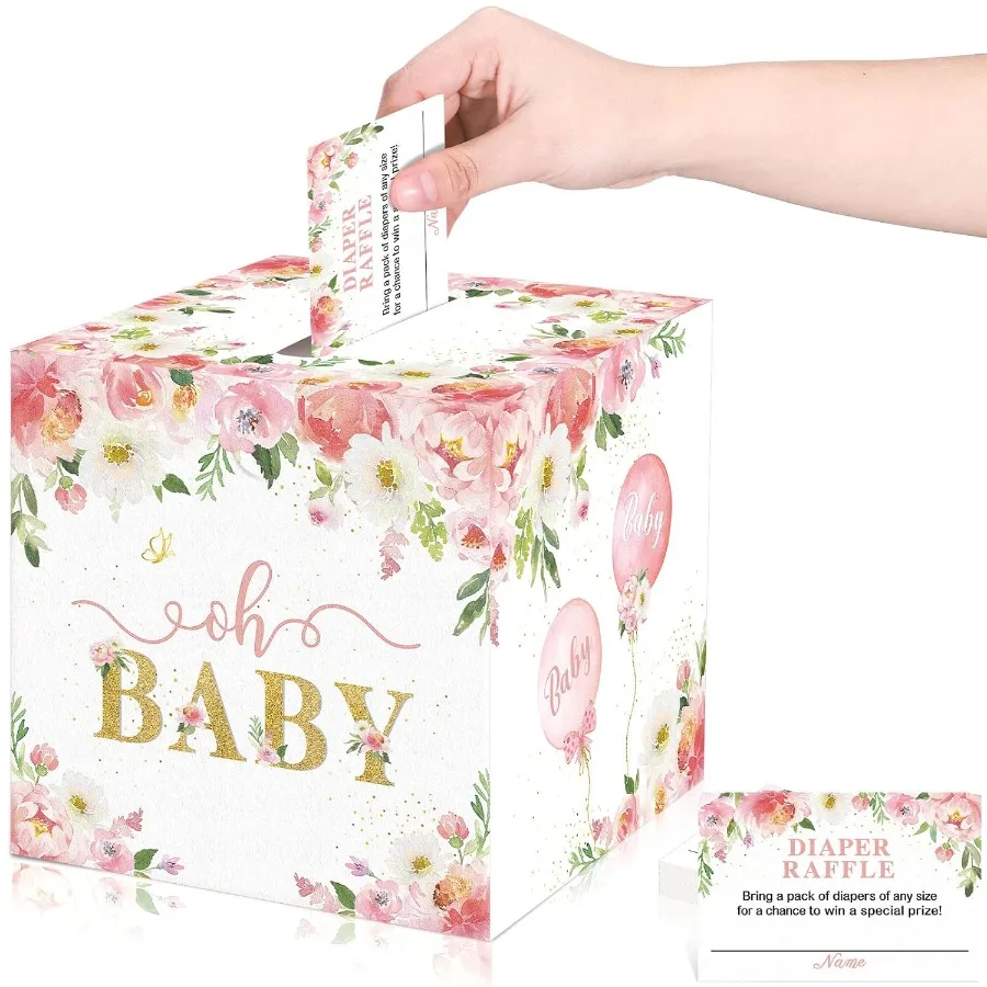 50 Uds. Boletos de rifa de pañales florales con caja de tarjetas de rifa de pañales para decoración de Baby Shower, tarjetas y caja de billetes florales con conservación