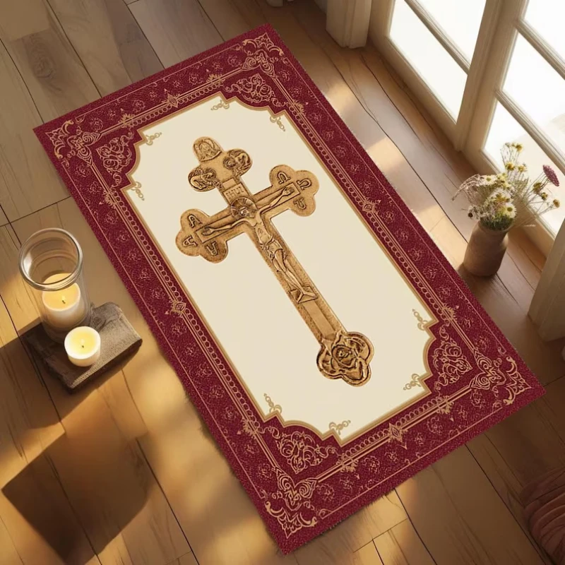 Classical Floral Orthodox Cross Decor Rug | Christian Prayer Mat Byzantine Art Orthodox Cross Prayer Rug | Christian Mat