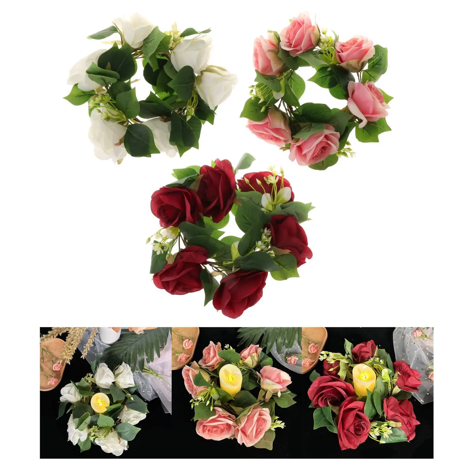 Faux Flower Candle Ring 25cm Creative Green Leaves Artificial Flower Candle Wreath for Dining Room Banquet Cafe Fireplace Party